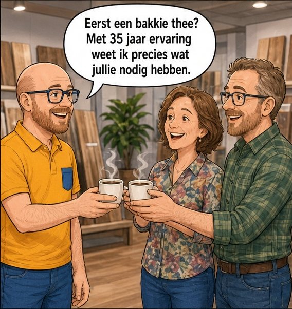Arjan geeft het stel een bakje thee tussen de laminaatstalen. Arjan zegt: Eerst een bakkie thee? Met 35 jaar ervaring weet ik precies wat jullie nodig hebben.