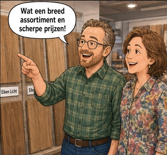 De man met bril wijst naar de laminaatstalen, de vrouw kijkt mee. Hij zegt: Wat een breed assortiment en scherpe prijzen!
