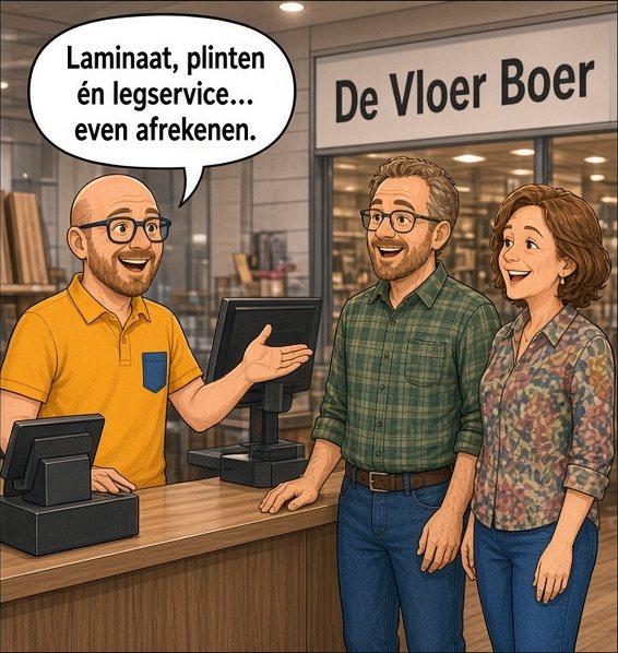 Arjan staat achter de kassa, het stel ernaast. Arjan zegt: Laminaat, plinten én legservice... even afrekenen.