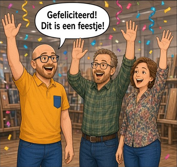 Arjan, de man en de vrouw juichen met de armen omhoog, confetti valt. Tekstballon: Gefeliciteerd! Dit is een feestje!
