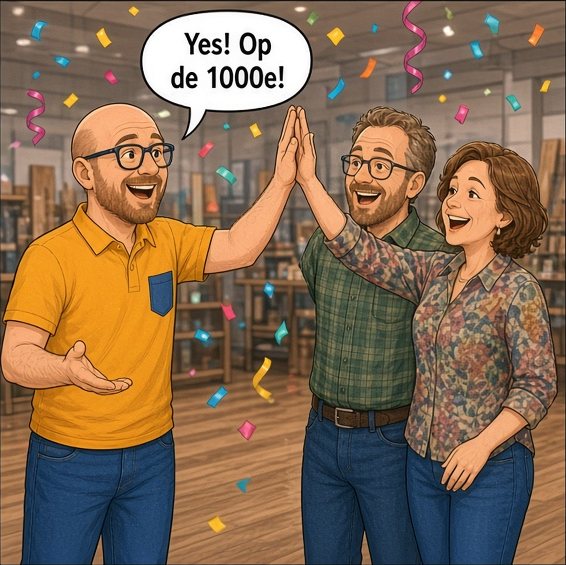 Arjan en de man geven elkaar een high five, de vrouw lacht, confetti valt. Tekstballon: Yes! Op de 1000e!